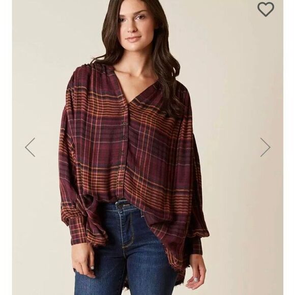 Free People Come On Over Oversized Plaid Shirt top Size XS boho lagenlook - Picture 2 of 10